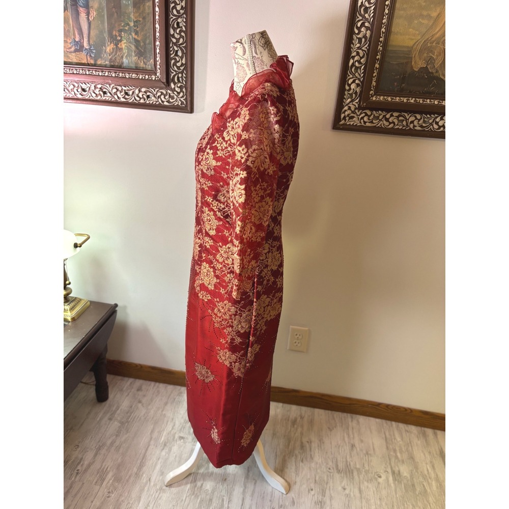 Red Gold Floral Lace Cheongsam Dress Mandarin Collar Style Evening SZ 6/8 - Picture 4 of 15